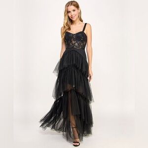 CITY STUDIO Ruffle-Tiered Sequin-Lace Gown  Lined Boning Long Dress size 3/4